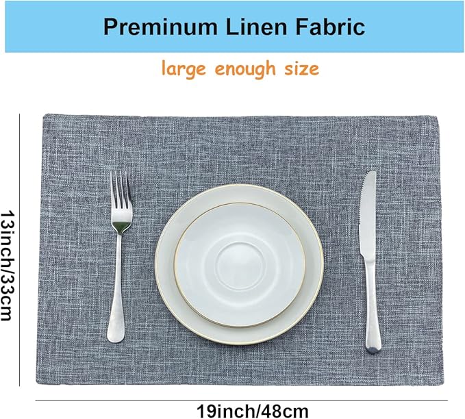 Weabetfu Cloth Placemats Set of 6 Heat Resistant Dining Table Placemmats Cotton Linen Machine Washable Kitchen Table Mats Wrinkle Free Thick Fabric Place Mats,Easy to Clean,13" x 19" Gray