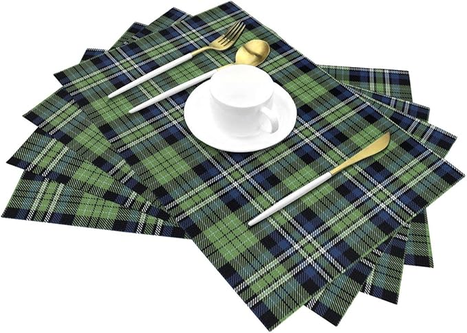 Spring Place mats Set of 4 12x18 Inches,Blue Green Buffalo Plaid Decorative Placemats Rectangle Summer Linen Table Mats for Party Home Kitchen Dining Table Decoration