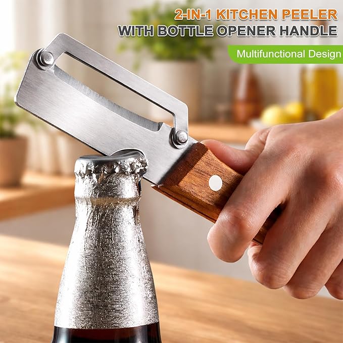 Multi Functional Vegetable Peeler with Wooden Handle and Bottle Opener, Stainless Steel Kitchen Peeler Tool for Potato Carrot Pumpkin Papaya, Premium Single Blade Food Peelers (1pcs)