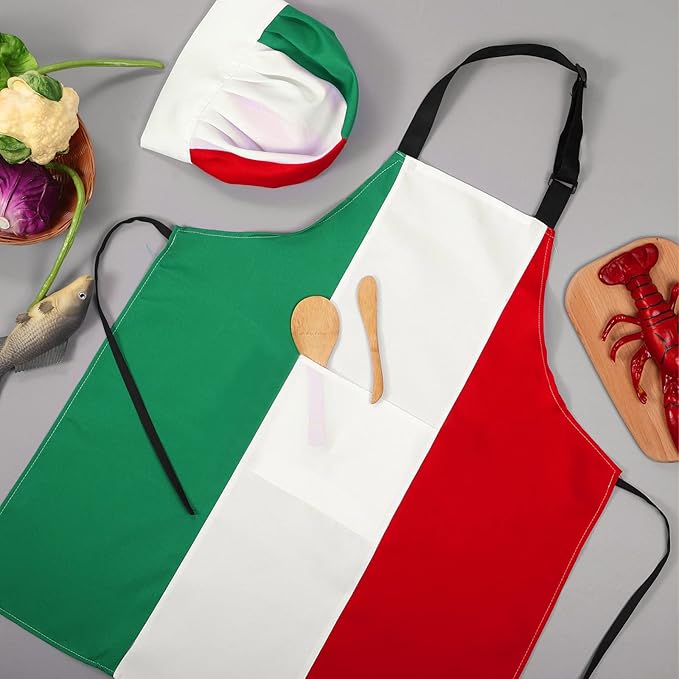 SATINIOR Chef Hat and Apron Italian Gifts for Cooking Baking Fabric Adjustable Chef Apron with Pocket for Christmas Italy Flag Kitchen Gifts Women Men
