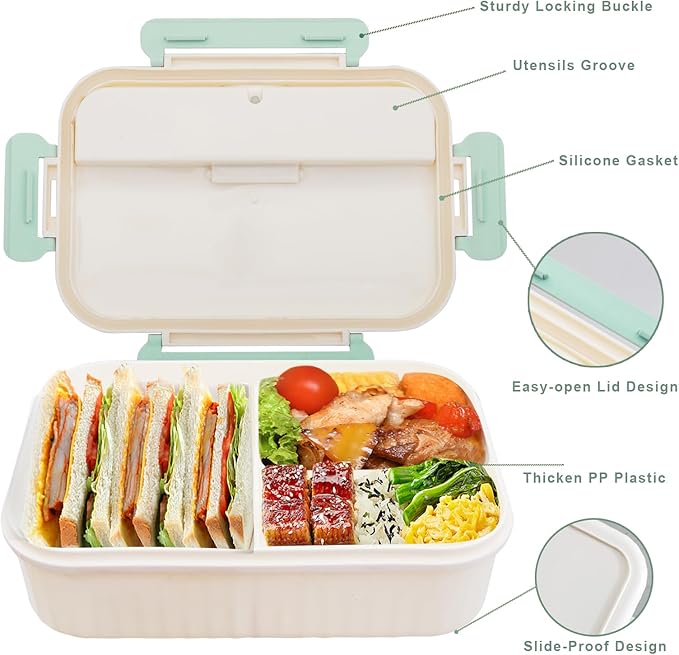 Bento Box for Adults, 1800 ML Bento Lunch Box for Kids Girls Boys with Spoon & Fork, 3-Compartment Lunch Containers, Microwave & Dishwasher Safe, BPA-Free and Food-Safe Materials(Light Green)