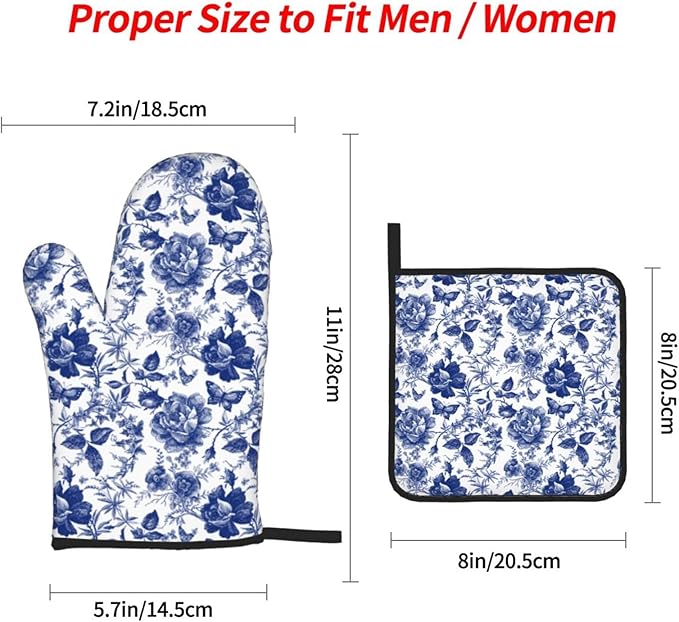 Blue and White Porcelain Floral Butterfly Oven Mitts and Pot Holders Set of 4,Vintage Chinoiserie Heat Resistant Non-Slip Potholders Oven Gloves and Pad for Kitchen Cooking Baking Grilling BBQ