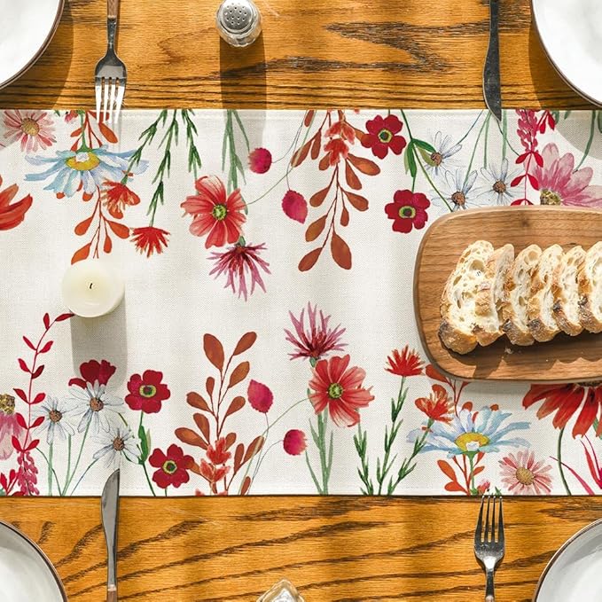 Artoid Mode Orange Daisy Flowers Floral Leaves Summer Table Runner, Spring Kitchen Dining Table Decoration for Home Party Decor 13x72 Inch