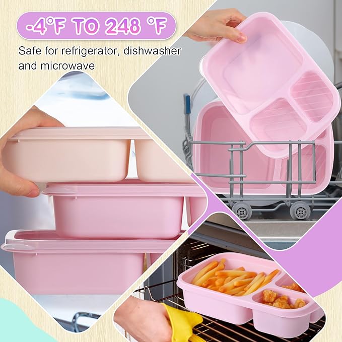 Honeydak 5 Pack Snack Containers 3 Compartment Bento Snack Boxes Divided Meal Prep Containers with Lids Reusable Adults Lunch Food Storage Box for School Work Travel(Creamy Pink Gray)