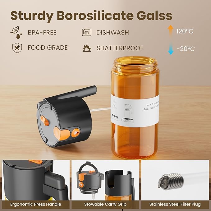 LUKUMIQI 2 in 1 Oil Sprayer for Cooking, 17oz Light-Blocking Glass Spray Bottle with Stickers, Oil Dispenser for Salad, Air Fryer & BBQ