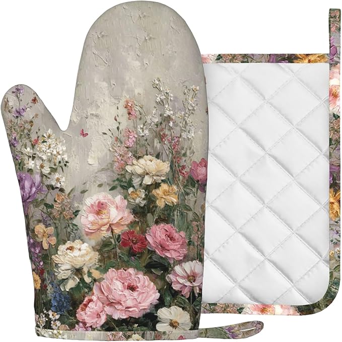 Vintage Wildflower Oven Mitts and Pot Holders Sets Silicone Kitchen Mitts Potholders Heat Resistant Oven Gloves Hot Pads for Kitchen Baking Cooking