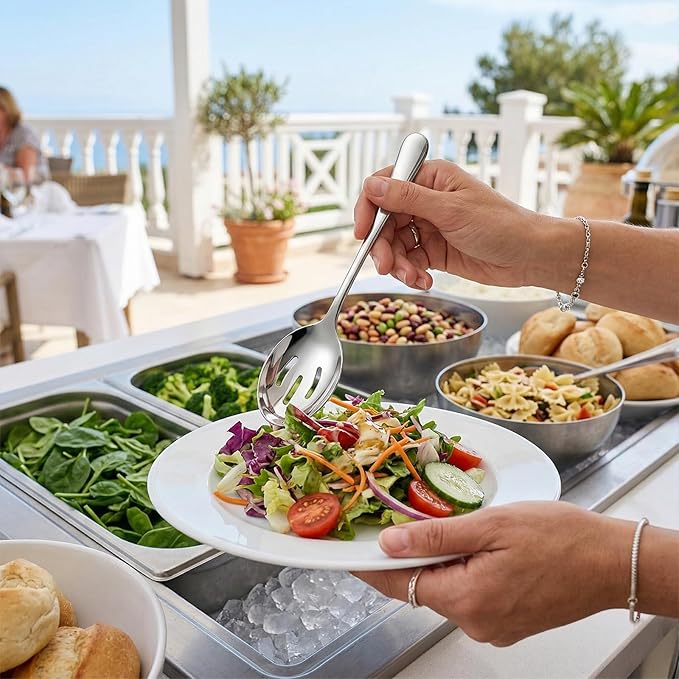 6PCS 10in Large Stainless Steel Serving Spoons Set, Includes 3 Serving Spoons and 3 Slotted Spoon, Large Servings Spoon Set for Catering Buffet, Mirror Polished, Dishwasher Safe