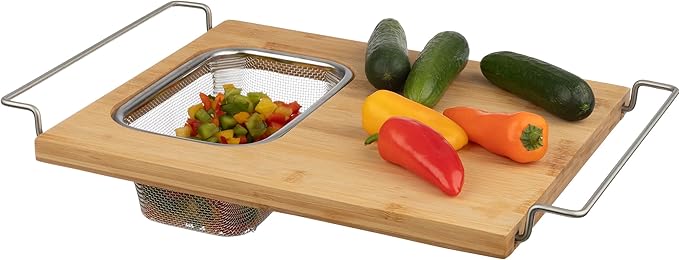 Cutting Board with Strainer - 2 in 1 Adjustable Bamboo Chopping Board with Removable Stainless Steel Colander for Over the Sink by Classic Cuisine
