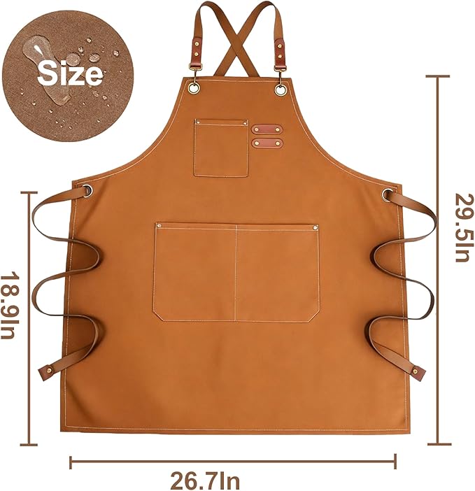 Chef Apron with Large Pockets for Women Men, Cotton Canvas Cross Back Water Repellent Adjustable Work Apron
