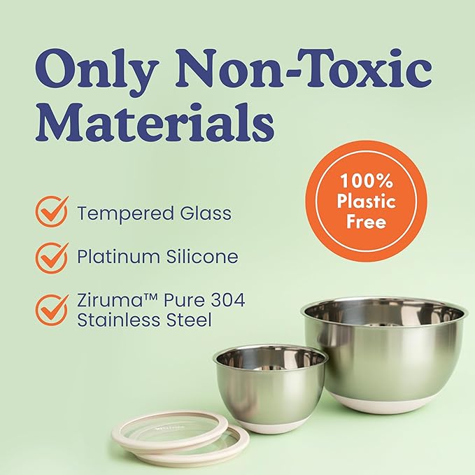 Ziruma Non-Toxic Mixing Bowls with Lids Set, Stainless Steel & Glass, 5 Pcs Plastic Free Bowls with Silicone Non-Slip Base, Dishwasher Safe Mixing Bowl Set