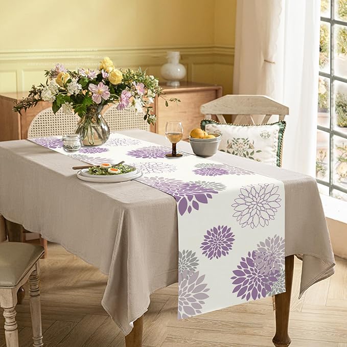 Purple Dahlia Table Runner Modern Elegant Flower Beige Table Runners Geometric Pompon Farmhouse Coffee Table Center Decor for Home Kitchen Dining Party Indoor Outdoor (13x72 Inch)