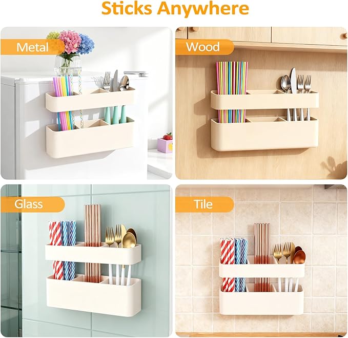 MoodLife 2-Pack Silicone Straw Holder for Cabinet Door,Reusable Adhesive Container for Kitchen Storage Solutions, Cupboard Organizer and Space Saving Hacks (White)