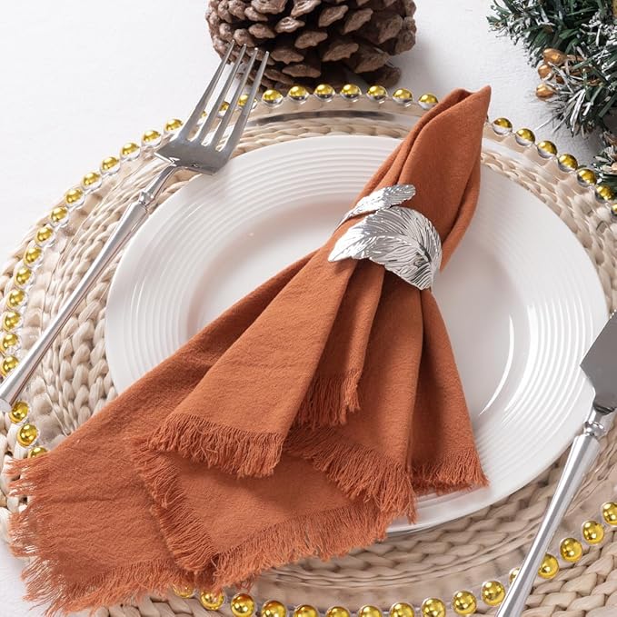 DeZerlor 12 Pack Terracotta Cotton Linen Napkins with Fringe Spring Cloth Napkins Set of 12 Boho Handmade Dinner Napkins Bulk for Wedding Bridal Baby Shower Parties, 17 x 17 Inches