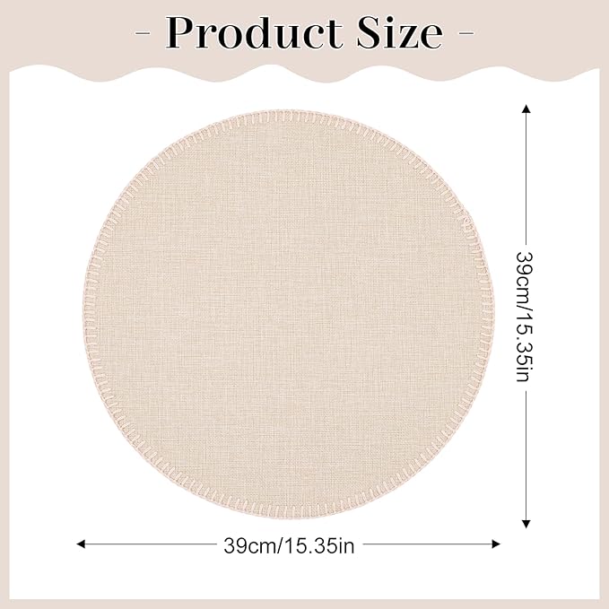 Round Placemats Set of 6, 15 Inch Linen Fabric Table Placemats, Heat Resistant, Wrinkle Free Washable Placemats Kitchen Place Mats Set of 6 for Dining Table Party Table (Beige, 6)