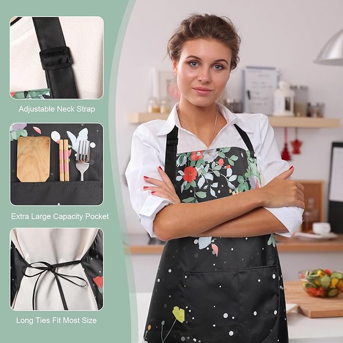 Apron for Women with Pockets, 2 Pcs Waterproof Floral Apron with Adjustable Neck Strap for Cooking, Baking, Gardening, Crafts