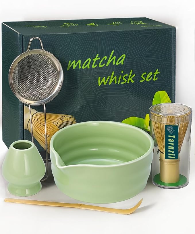 Taruzil Matcha Whisk Set with Matcha Bowl, Matcha Bamboo Whisk, Scoop, Sifter, Matcha Kit Holder Unique Gifts for Women Men Girl Friend Home Kitchen Decor Gifts for Christmas, Birthday（Light Green）
