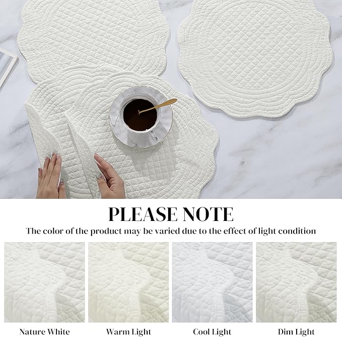 HOMBYS Quilted Placemats Set of 6 Washable Round Placemats for Kitchen Table-100% Cotton Fabric 14 Inch Round Table Mats, Cotton Fabric with Microfiber Filling, (14"x14", Cream White)