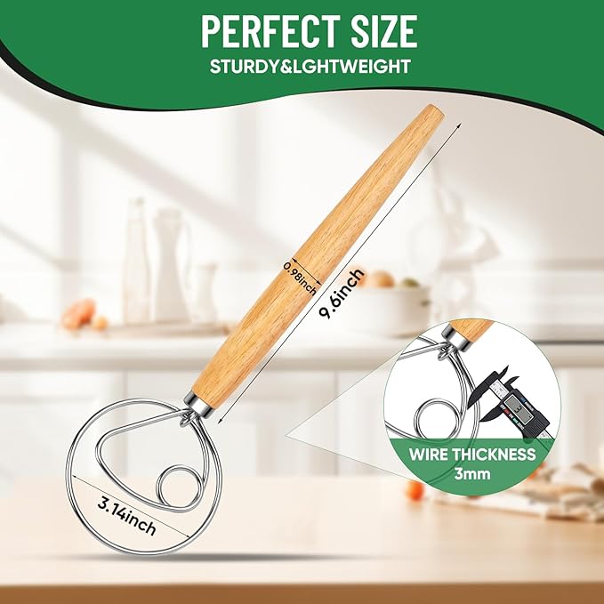 Danish Dough Whisk Stainless Steel Hook Dutch Bread Mixer for Sourdough Baking Hand Tool with Wooden Handle Making Blending Pastry Pizza Dough