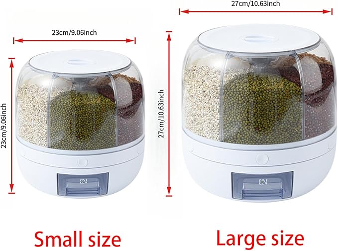 Rotating grain distributor, 6-grid large rice storage container for storing rice, beans and cat food, sealed and moisture-proof, large size.