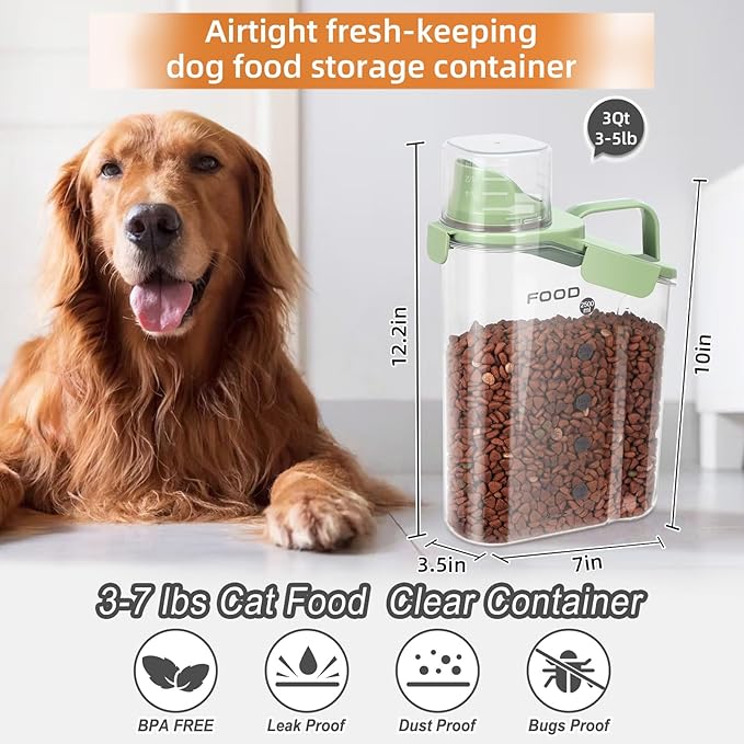 LEAWALK Airtight Small Cat Dog Pet Food Storage Containers BPA Free, with Large Pour Spout/1 Measuring Cup/ 4 Safety Locks and Double-layer Silicone Strip (Bright Green, 3L-2pack)