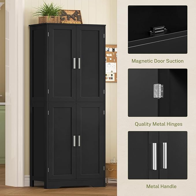 TEENFON 67” Storage Cabinet, Kitchen Pantry Cabinet with 4 Doors and 2 Adjustable Shelves, Cupboard, Tall Bathroom Cabinets for Living Room, Kitchen, Bathroom, Black