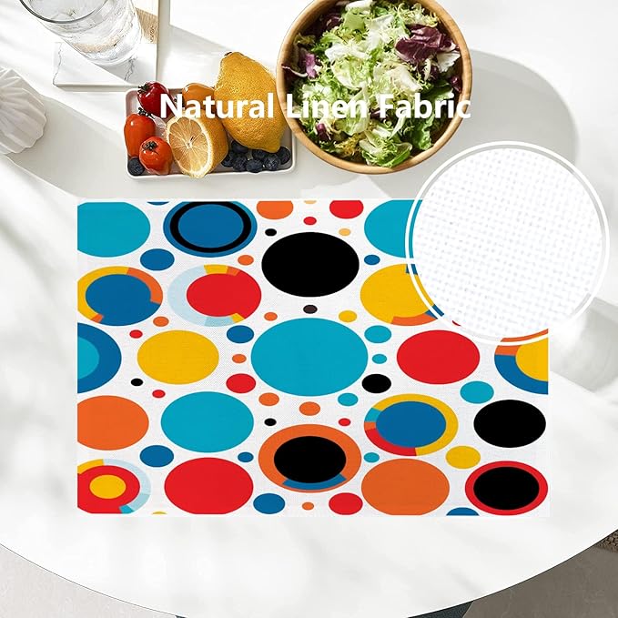 Batmerry Colorful Circles Placemats, Vibrant Circular Pattern Washable Linen Table Mats for Kitchen Table Double Insulation Decor Dining Set Indoor Outdoor 12X18 in Set of 6
