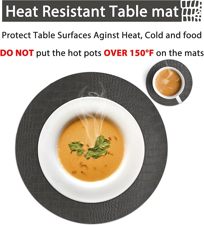 Round Leather Placemats for Round Tables Set of 6, Gray Table Place Mats and Coasters, Washable Easy to Care for Indoor Decor 13" Diameter