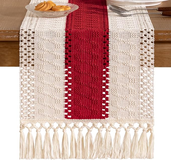Socomi Boho Table Runner Macrame Long Easter Spring Farmhouse Woven Cotton Linen Rustic Coffee Table Runner with Tassels for Dresser Scarf Home Decor Dining Room 12x108 in Red Ivory