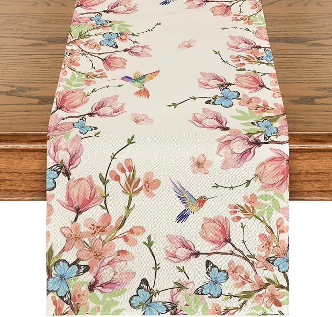 Artoid Mode Flowers Bird Butterfly Spring Table Runner, Seasonal Kitchen Dining Table Decoration for Home Party Decor 13x72 Inch