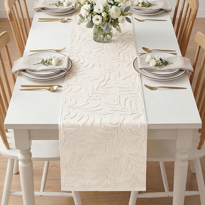 Artoid Mode Beige Soft Cotton Jacquard Leaves Spring Table Runner, Holiday Kitchen Dining Table Decoration for Home Party Decor 13x72 Inch
