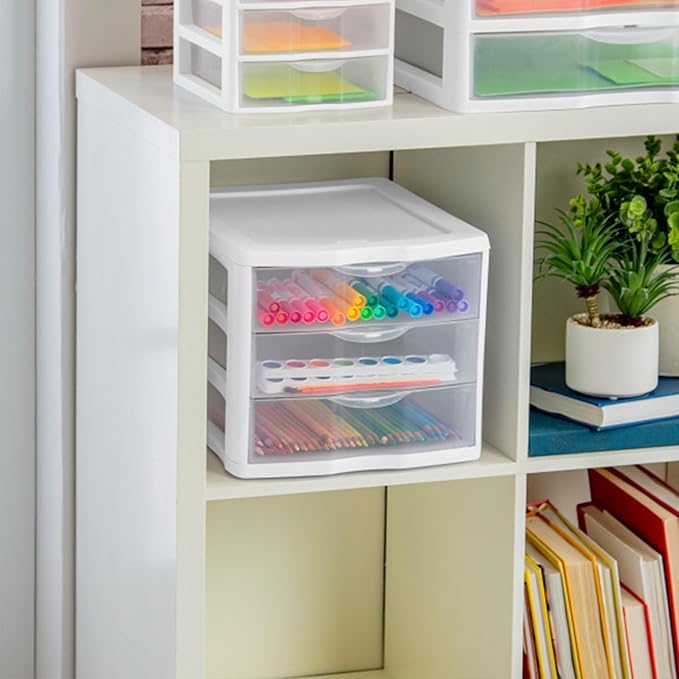 STERILITE 3 Drawer Desktop Storage Unit, Tabletop Organizer for Desk, Countertop at Home, Office, Bathroom, White with Clear Drawers, (Pack of 4)