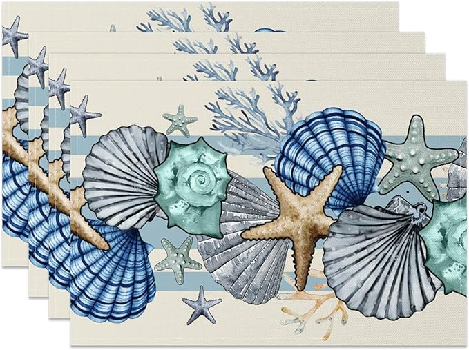 Sea Shell Starfish Beach Placemats Set of 4, 12x18 Inch Seasonal Spring Ocean Coastal Washable Linen Nautical Table Mats for Party Kitchen Dining Decoration