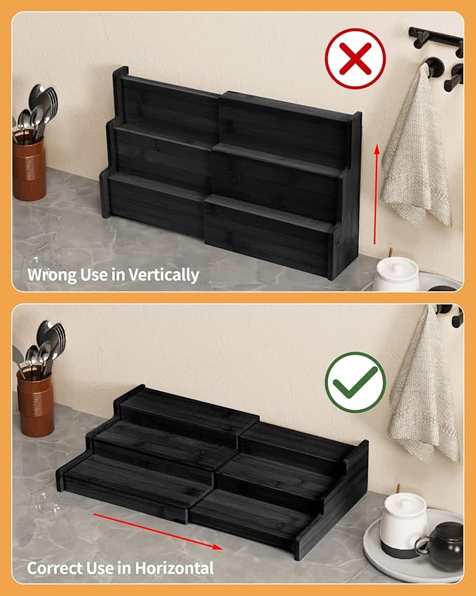 VenDotbi Spice Rack, 3-Tier Expandable Bamboo Spice Rack Organizer for Cabinet, Kitchen, Pantry and Cupboard Storage Organizer-Black(2pack)