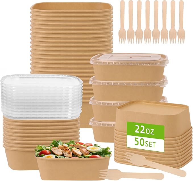 50 Pack 22 oz Paper Food Containers with Lids, Meal Prep Containers Disposable Large Paper Bowls, Microwavable and Freezer Storage Use Cardboard Food Containers