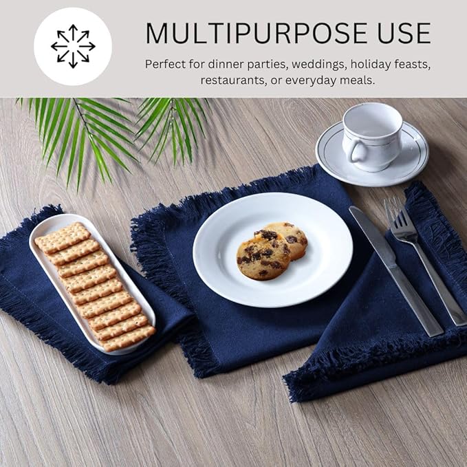 Cloth Dinner Napkins with Fringes 20x20 Inch 100% Cotton Set of 6 - for Dining Special Occasions Wedding Holidays Easter - Soft Durable Washable - Elegant Table Cloth Napkins Navy Blue