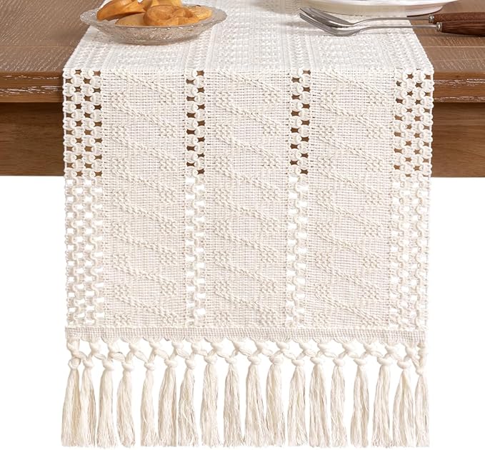 Socomi Boho Table Runner Macrame Easter Spring Farmhouse Woven Cotton Linen Rustic Coffee Table Runner with Tassels for Small Dresser Scarf Home Decor Dining Room 12x72 inch Cream Ivory