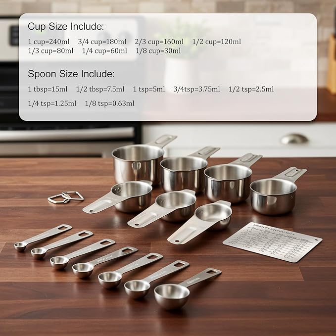 Set of 17 Measuring Cups and Spoons Set Stainless Steel Cup and Spoon Stainless Steel Nesting Measuring Cups and Spoons for Cooking & Baking, Silver