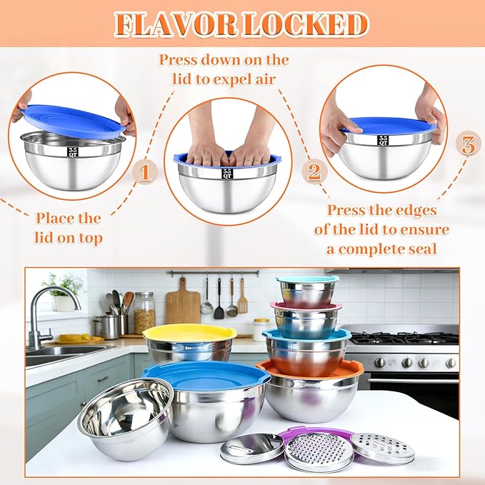 21PCS Mixing Bowls with Lids Set - 7 Nesting Mixing Bowls, 3 Graters, 11 Baking Tools, Lids, Stainless Steel Mixing Bowl for Mixing & Baking, Size 0.7/1.1/1.5/2.1/3.5/4/4.5 QT, Colorful