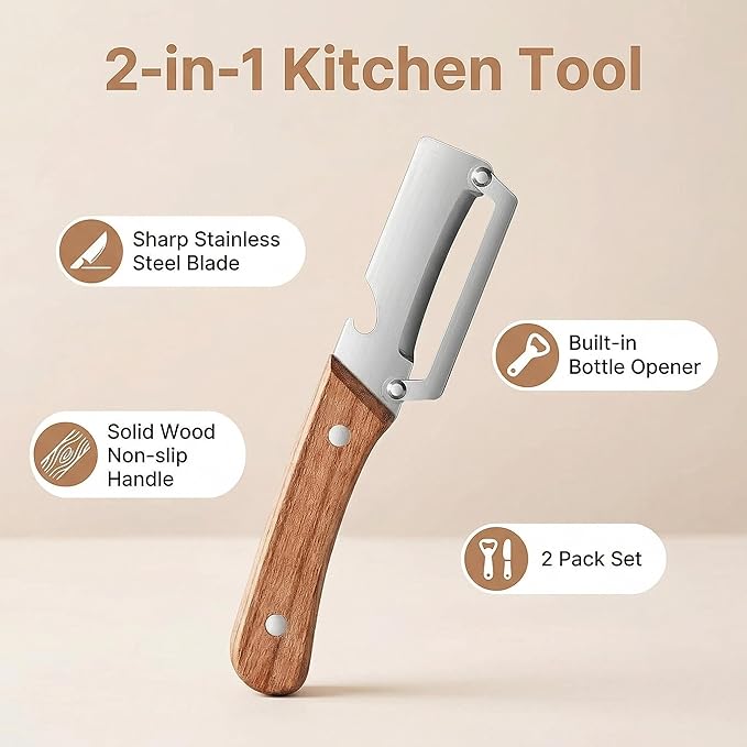 Multifunctional Premium Vegetable Peeler with Wooden Handle, Stainless Steel Blade & Bottle Opener, Non-Slip Kitchen Tool for Fruit, Apple, Potato, Pumpkin, Papaya, Zucchini (2pcs)