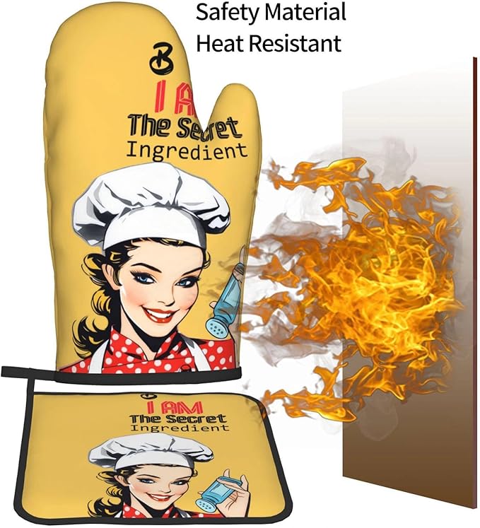 Cute Yellow Retro Chef Humorous Oven Mitts & Pot Holders Set of 3, Heat Resistant Funny Kitchen Gloves and Hot Pads for Cooking Baking Grilling, Gifts for Women Cooking Lovers, Home Decor, Yellow Red