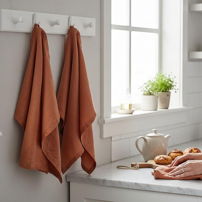 Linen Kitchen Dish Towels – 20” x 27” – 100% Pure Stonewashed Linen Hemstitch Hand Towel/Tea Towel - Set of 2 (Rustic Orange)