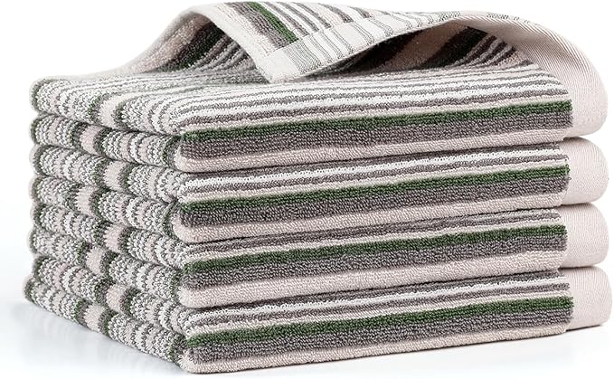 SALAS Premium Cotton Kitchen Dish Towels for Drying Dishes,Large Long Kitchen Hand Towels, Thick Highly Absorbent Dish Clothes Tea Towel Sets with Hanging Loop, 16" X 26", 4 Pcs, Gray and Green