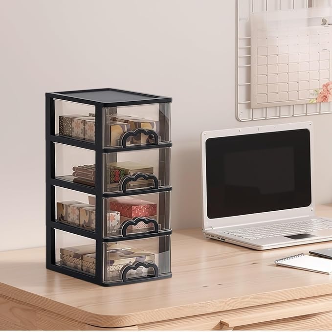 Cididu Desktop Organizer with 4 Drawers, Clear Plastic Storage Drawer Unit, Small Desk Organizer Storage Box, Durable Storage Bin Container Case for Countertop Stationery Pens Makeup Office Supplies
