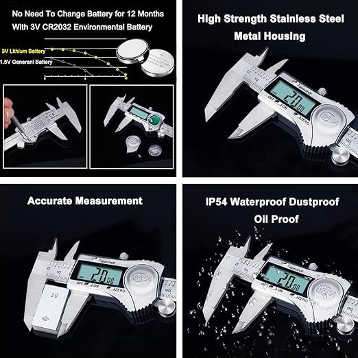 Kynup Digital Caliper, Caliper Measuring Tool Outside Micrometer, Vernier Dial Caliper, 6 Inch Caliper DIY Tool, Stainless Steel, IP54 Splash Proof, Inch Metric Fraction Switch, Large LCD Screen