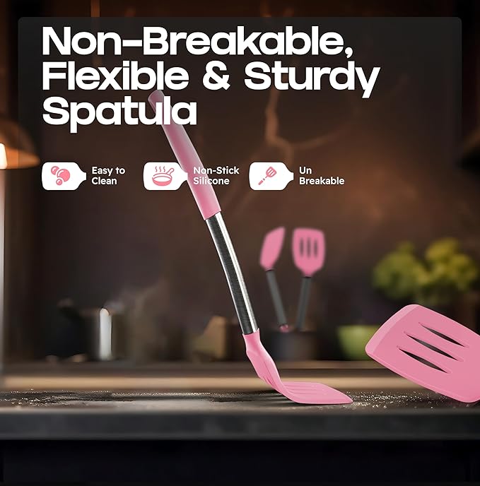 BakeRoyal Silicone Spatula Set - Turner Spatulas Silicone Heat Resistant 600°F - Slotted & Solid Spatula for Cooking Fish, Eggs, Pancakes Flipper – Spatulas for kitchen use – Pink