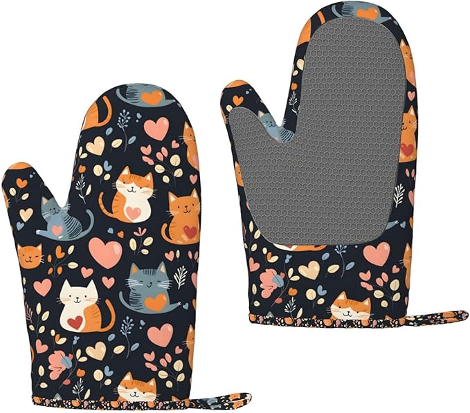 Cat Heart Silicone Oven Mitts Set of 2, Heat Resistant up to 500°F, Kitchen Oven Gloves with Non-Slip Grip and Soft Cotton Lining for Baking, Cooking and BBQ