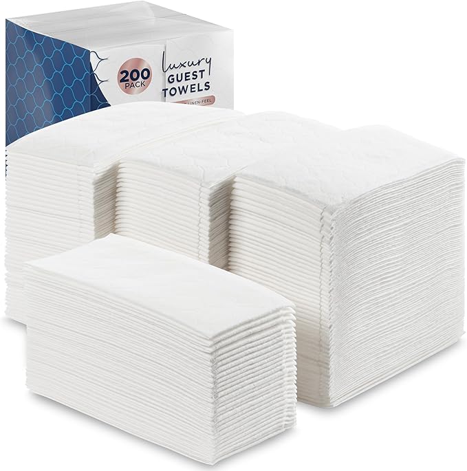 Disposable Guest Towels 200 Pack - White Napkins for Guest Bathroom, Heavy Duty Disposable Hand Towels, Ultra Absorbent Linen Feel Paper Napkins for Bathroom, Parties and Events