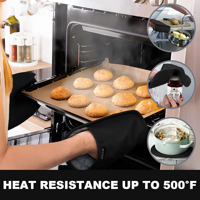 2-Pack Silicone Pot Holders for Kitchen Heat Resistant up to 500°F, Non-Slip Large Hot Pads with Pocket, Quilted Liner Trivets for Countertops Hot Pots and Pans (Black)