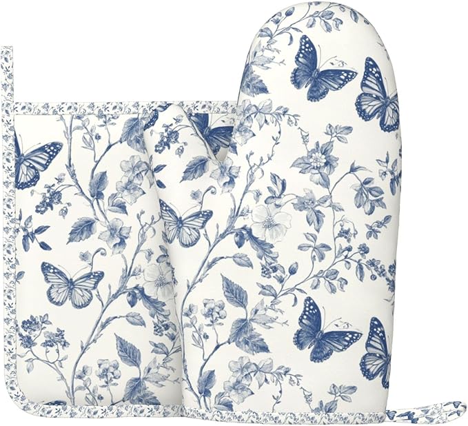 Oven Mitts and Pot Holders Butterfly Flower Vintage Blue Silicone Kitchen Accessories Set of 2 Heat Resistant Long Gloves Potholder Non-Slip Grip for Chef Cooking Baking Grilling BBQ