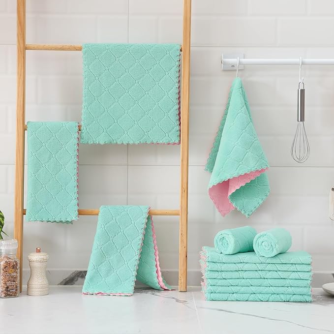 Mordimy 12 Pack Kitchen Towels (20" x 10", Green & Pink), Super Soft and Absorbent Dish Towels, Coral Velvet Microfiber Cleaning Cloth, Nonstick Oil Fast Dry Dish Cloths